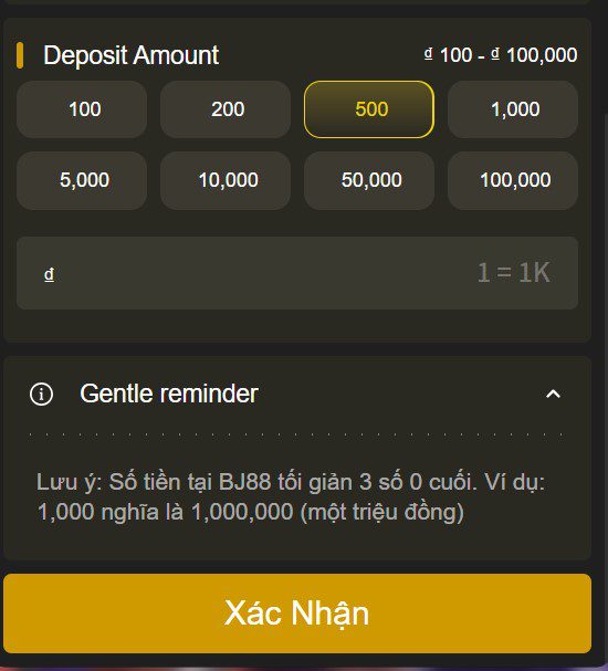 Điền số tiền bạn muốn nạp vào BJ88 bằng USDT